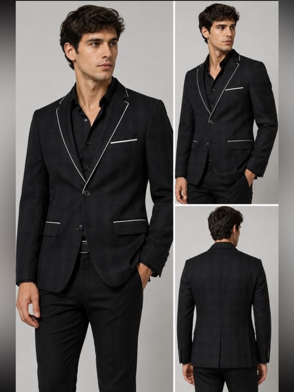 Akademiks Black Plaid Blazer Jacket 42R Contrast Piping